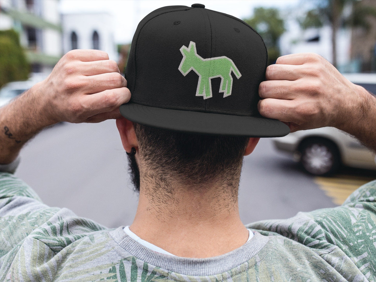 Street Art Donkey Patch - Green White - Black Hat - Donkey Tees T-shirt