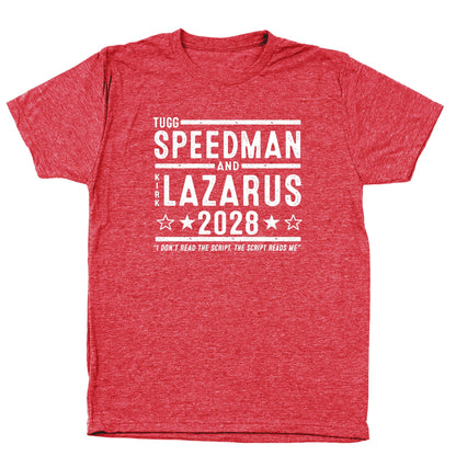 Tugg Speedman Kirk Lazarus 2028 Election - Donkey Tees T-shirt